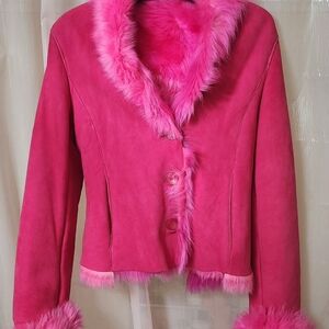 Vibrant Pink Fur Trimmed Shearling Jacket